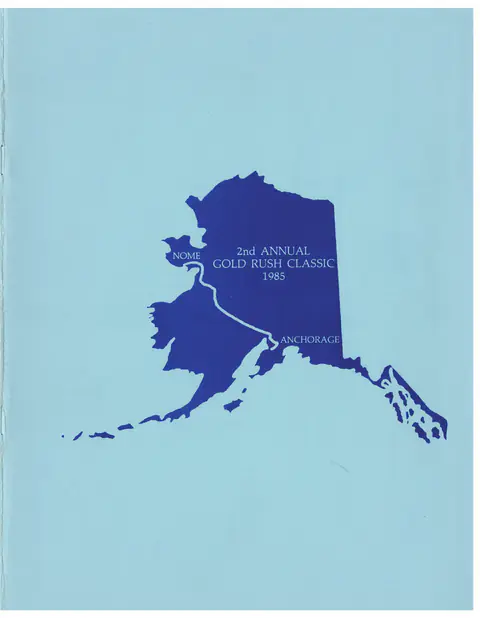 A light blue program cover with a dark blue map of Alaska, Nome and Anchorage marked, titled 2nd Annual Gold Rush Classic 1985.